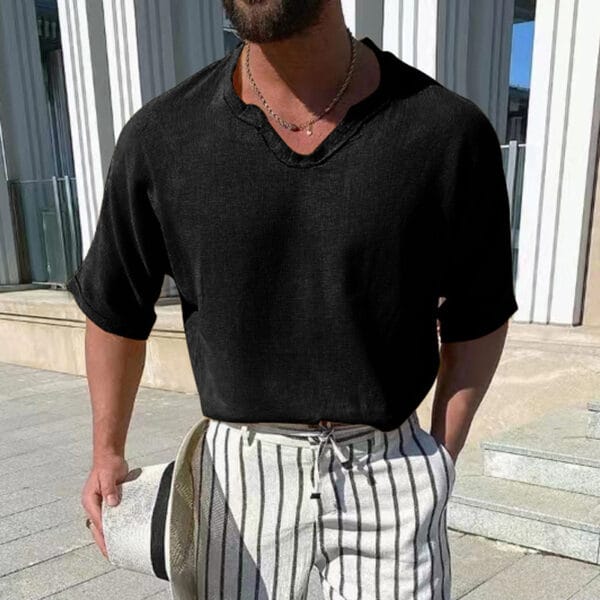 Men's Solid Color Cotton Linen V-Neck T-Shirt Short Sleeve Men - Image 7
