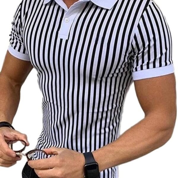 Men Striped Shirts Causal Short Sleeve Lapel Blouse - Image 3