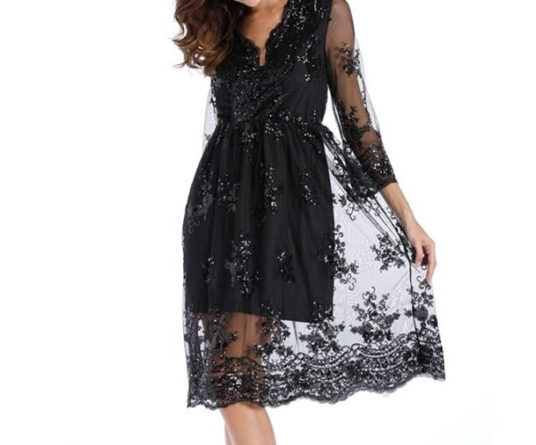 Simplee V long neck party dresses women sexy mesh streetwear Christmas MIDI dress female autumn dress15.94