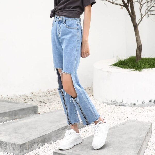 Streetwear Fake Zippers Loose Straight Jeans Woman With Holes Ankle Length Denim Pants10.74 - Image 3