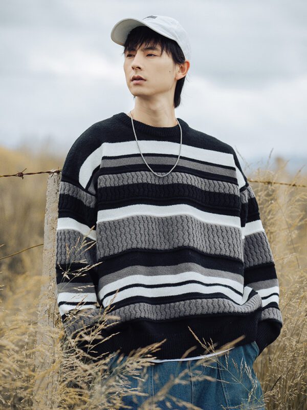Striped Twisted Patchwork Round Neck Sweater For Men14.68 - Image 5