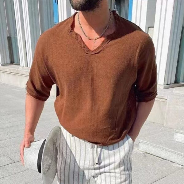Men's Solid Color Cotton Linen V-Neck T-Shirt Short Sleeve Men - Image 6