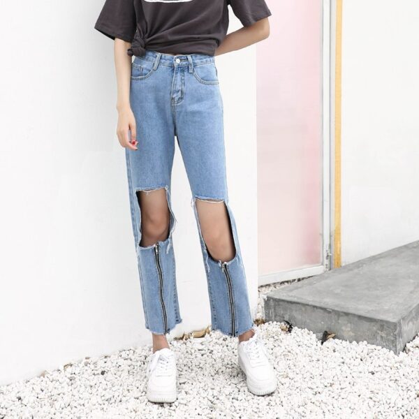 Streetwear Fake Zippers Loose Straight Jeans Woman With Holes Ankle Length Denim Pants10.74 - Image 2