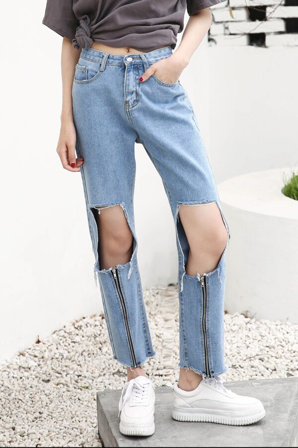 Streetwear Fake Zippers Loose Straight Jeans Woman With Holes Ankle Length Denim Pants10.74 - Image 5