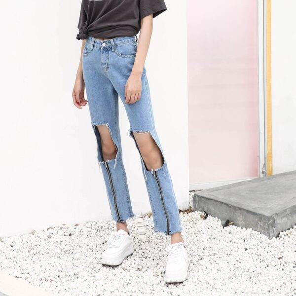 Streetwear Fake Zippers Loose Straight Jeans Woman With Holes Ankle Length Denim Pants10.74 - Image 4