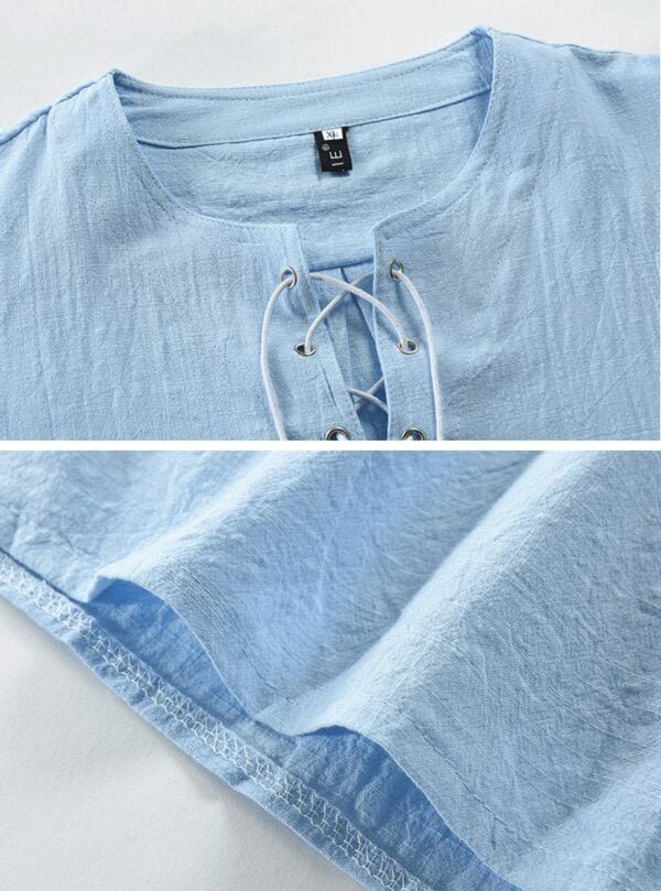 Plain Cotton And Linen Lace-up Shirt For Men - Image 4