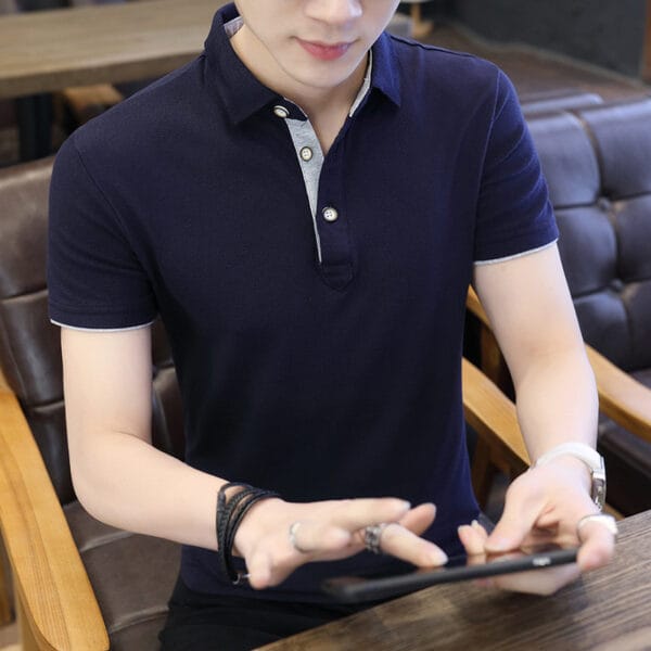 Polo Shirt For Men Casual Short Sleeve Polo Shirts Patchwork Turn-down Collar - Image 4