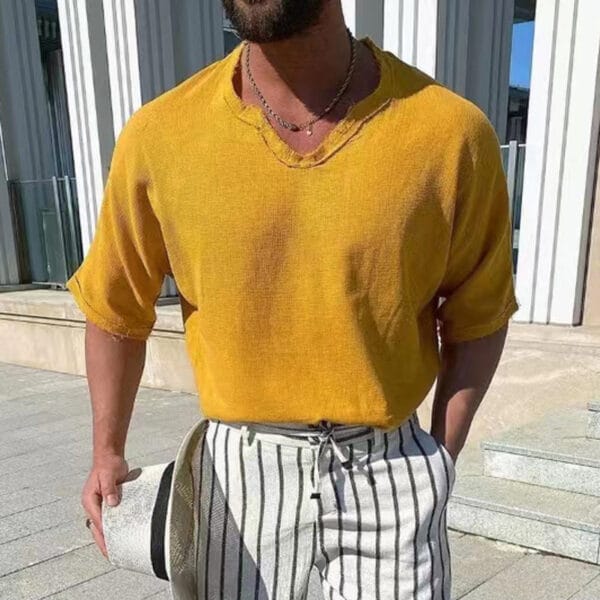 Men's Solid Color Cotton Linen V-Neck T-Shirt Short Sleeve Men - Image 2