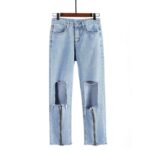 Streetwear Fake Zippers Loose Straight Jeans Woman With Holes Ankle Length Denim Pants10.74