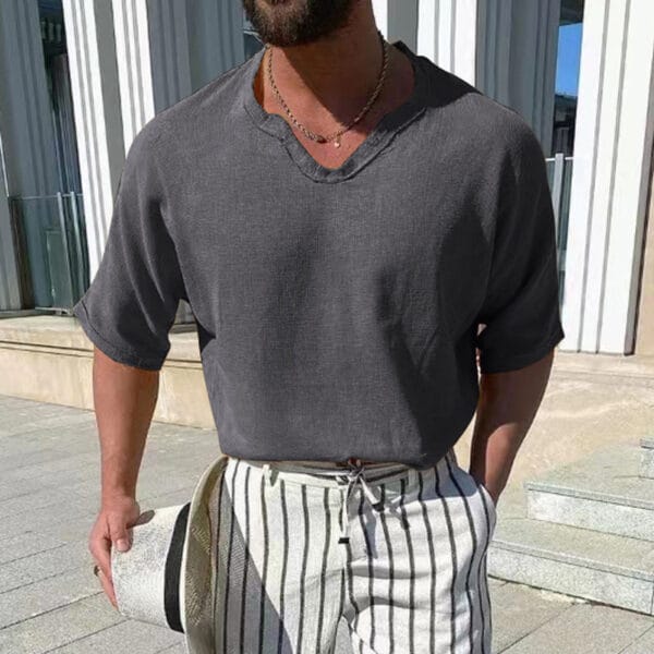 Men's Solid Color Cotton Linen V-Neck T-Shirt Short Sleeve Men - Image 4