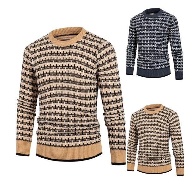Solid Plaid Pullover Round Neck Sweater Top For Men12.99