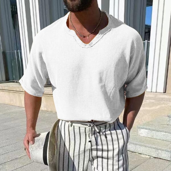Men's Solid Color Cotton Linen V-Neck T-Shirt Short Sleeve Men - Image 3