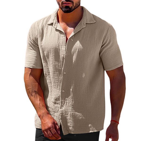 Polo Collar Solid Color Short Sleeve Button Men's Linen Shirts - Image 10