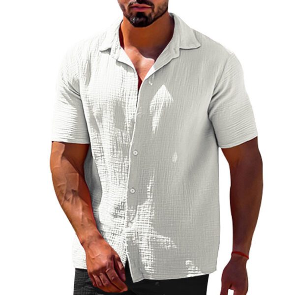 Polo Collar Solid Color Short Sleeve Button Men's Linen Shirts - Image 7