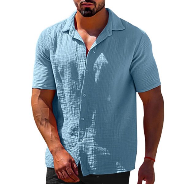Polo Collar Solid Color Short Sleeve Button Men's Linen Shirts - Image 5