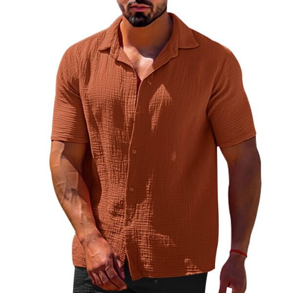 Polo Collar Solid Color Short Sleeve Button Men's Linen Shirts - Image 4