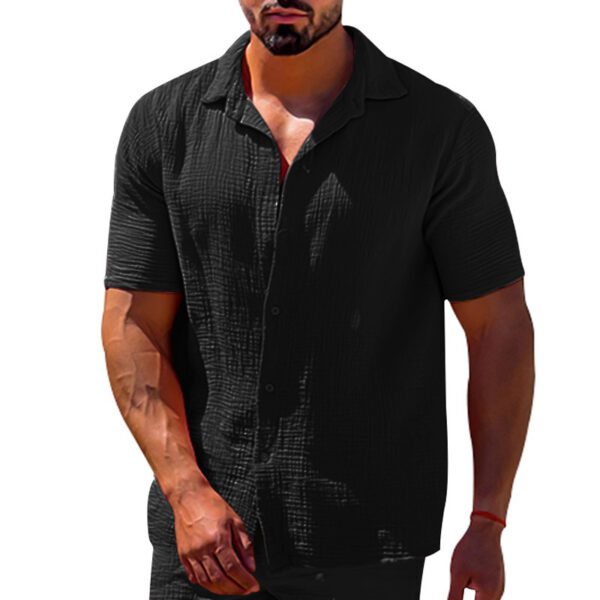 Polo Collar Solid Color Short Sleeve Button Men's Linen Shirts - Image 9
