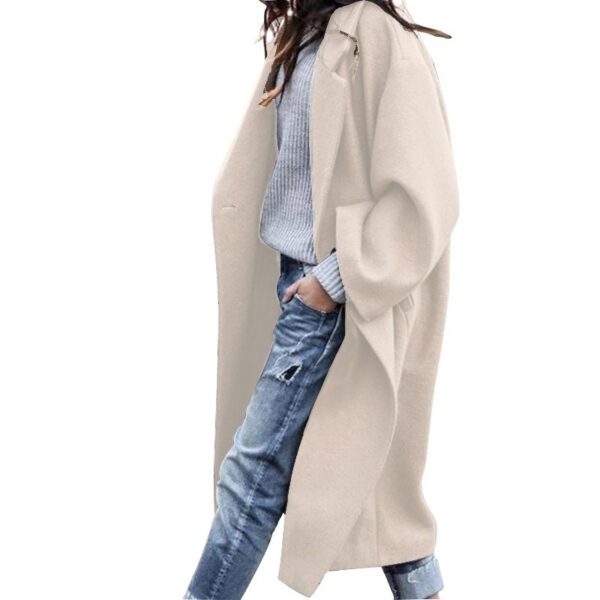 Long Jacket With Pockets Solid Color Single Breasted Lapel Woolen Coat For Women Warm - Image 8