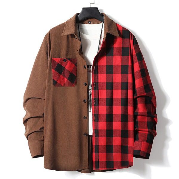 Men's Fashion Casual Color-matching Plaid Shirt Autumn And Winter Corduroy Long-sleeved Lapel Shirt Loose Top - Image 3
