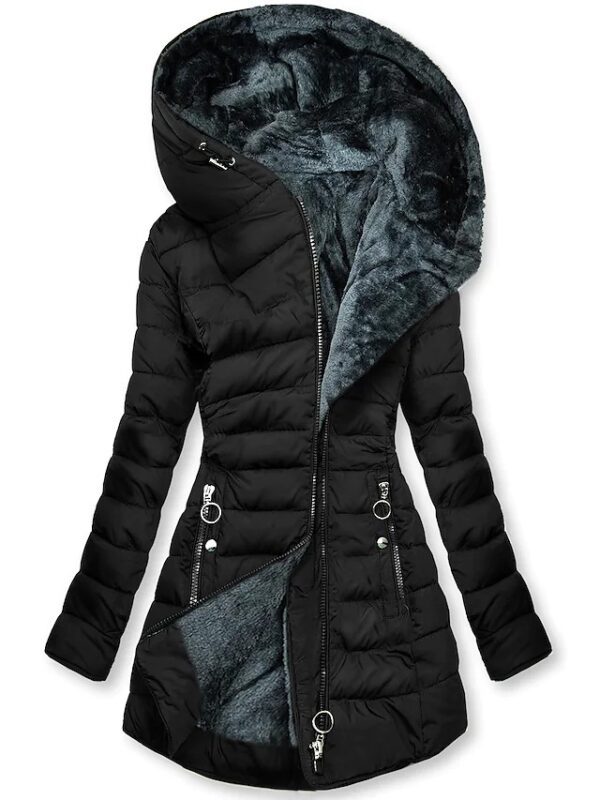 Women's Plush Hooded Mid-length Oblique Zipper Cotton-padded Coat - Image 5