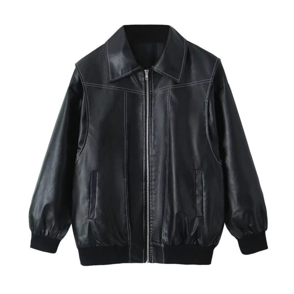 Loose Fashion Lapel Zip-up Jacket Cool Long Sleeve Zipper Closure Moto Biker Leather Jacket Womens Clothing - Image 6