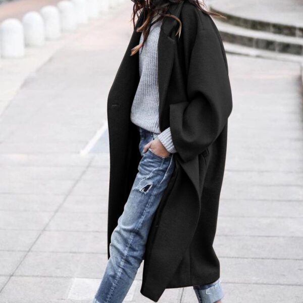 Long Jacket With Pockets Solid Color Single Breasted Lapel Woolen Coat For Women Warm - Image 2