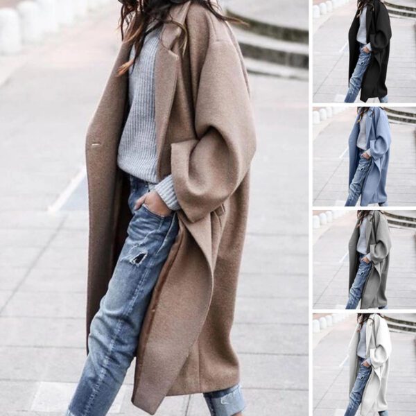 Long Jacket With Pockets Solid Color Single Breasted Lapel Woolen Coat For Women Warm
