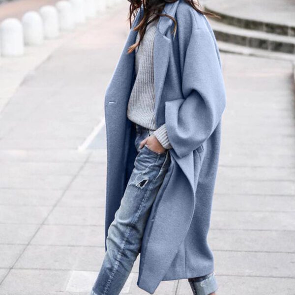Long Jacket With Pockets Solid Color Single Breasted Lapel Woolen Coat For Women Warm - Image 3