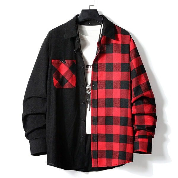 Men's Fashion Casual Color-matching Plaid Shirt Autumn And Winter Corduroy Long-sleeved Lapel Shirt Loose Top - Image 4