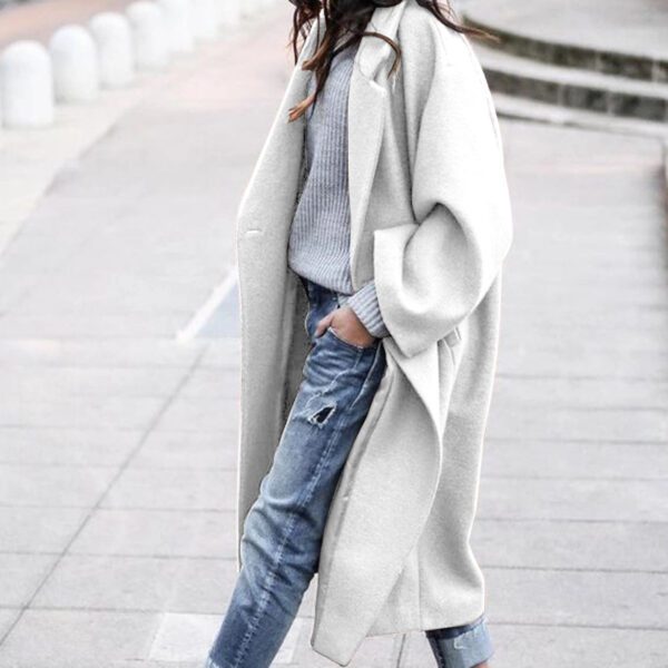 Long Jacket With Pockets Solid Color Single Breasted Lapel Woolen Coat For Women Warm - Image 4