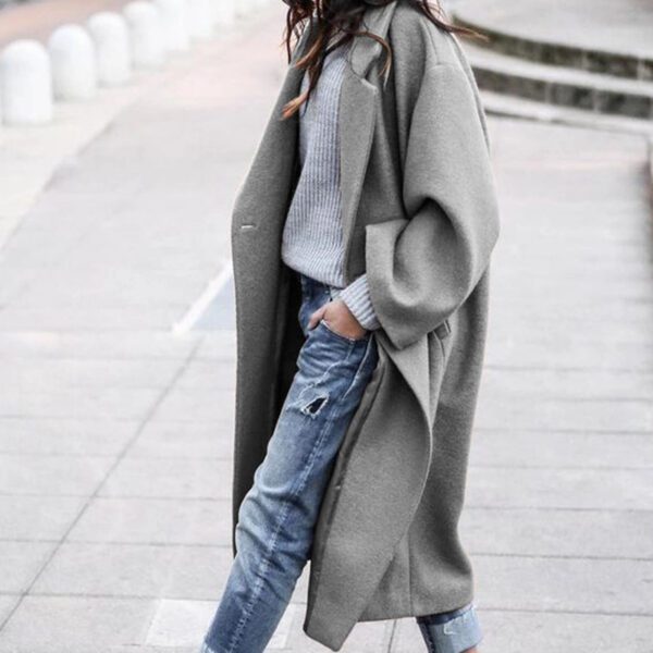 Long Jacket With Pockets Solid Color Single Breasted Lapel Woolen Coat For Women Warm - Image 6