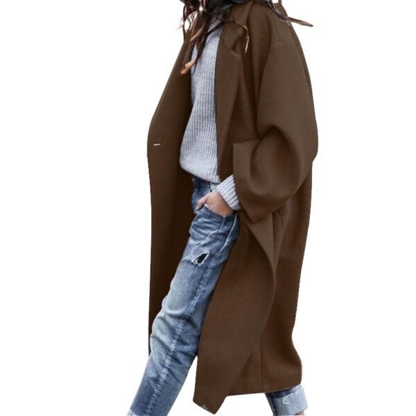 Long Jacket With Pockets Solid Color Single Breasted Lapel Woolen Coat For Women Warm - Image 7