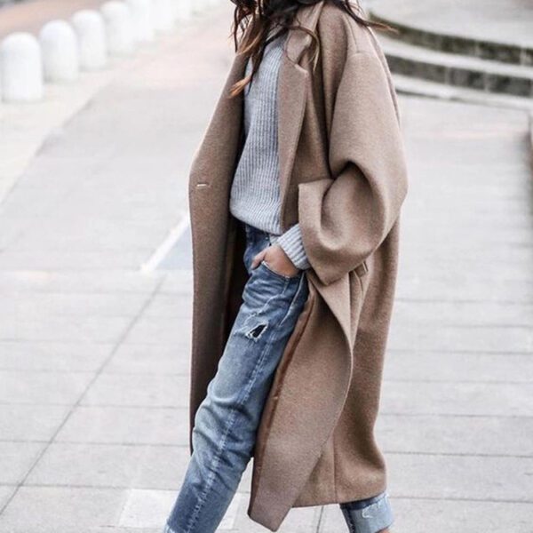 Long Jacket With Pockets Solid Color Single Breasted Lapel Woolen Coat For Women Warm - Image 5