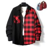 Men's Fashion Casual Color-matching Plaid Shirt Autumn And Winter Corduroy Long-sleeved Lapel Shirt Loose Top