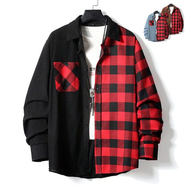 Men's Fashion Casual Color-matching Plaid Shirt Autumn And Winter Corduroy Long-sleeved Lapel Shirt Loose Top