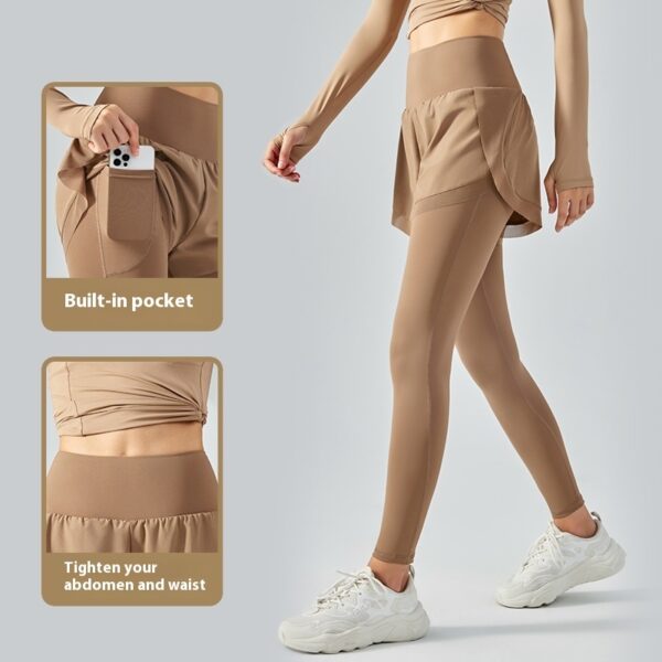 Elastic High Waist Anti-exposure Fake Two Pieces Mesh Leggings - Image 6