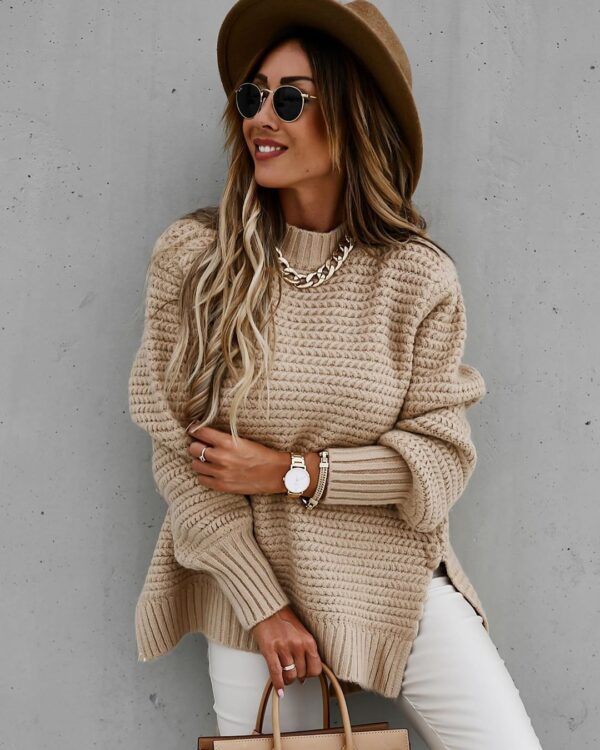 Solid Colour Drawstring Side Slit Knit sweater For Women - Image 2