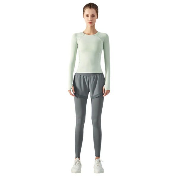 Elastic High Waist Anti-exposure Fake Two Pieces Mesh Leggings - Image 3