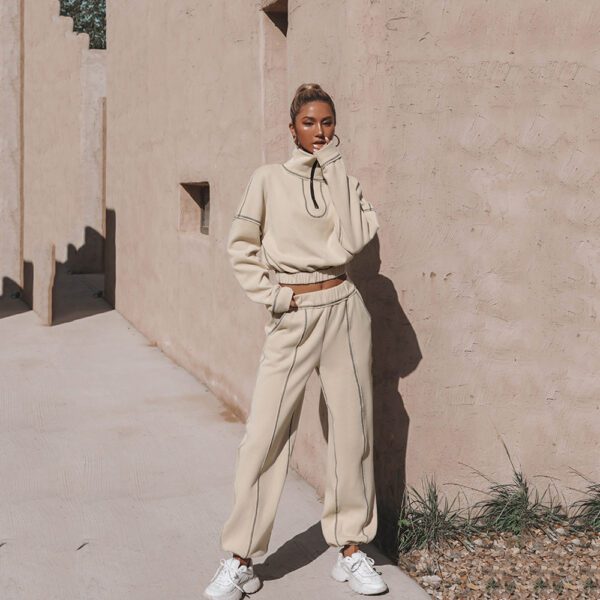 Turtleneck Sweatshirt Stand Up Zipper Short Top With Loose Straight Leg Pants - Image 4