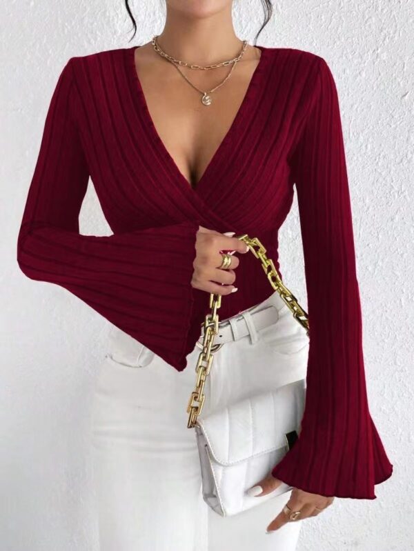 Women's Autumn And Winter Rib Sunken Stripe V-neck Slim-fit Long Sleeve T-shirt - Image 10