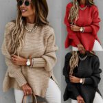 Solid Colour Drawstring Side Slit Knit sweater For Women