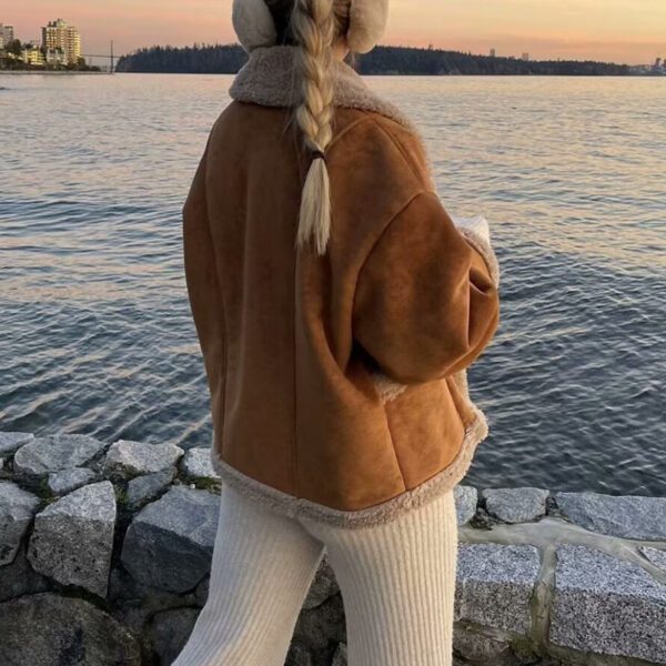 Lapel Woolen Coat With Pockets Winter Fashion Loose Suede Short Top Women's Clothing - Image 6