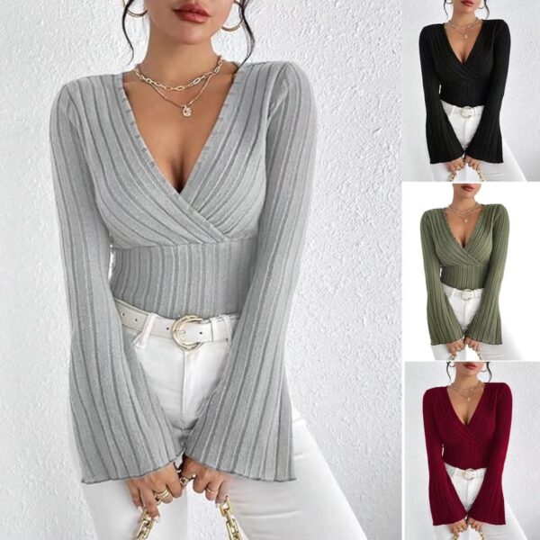Women's Autumn And Winter Rib Sunken Stripe V-neck Slim-fit Long Sleeve T-shirt