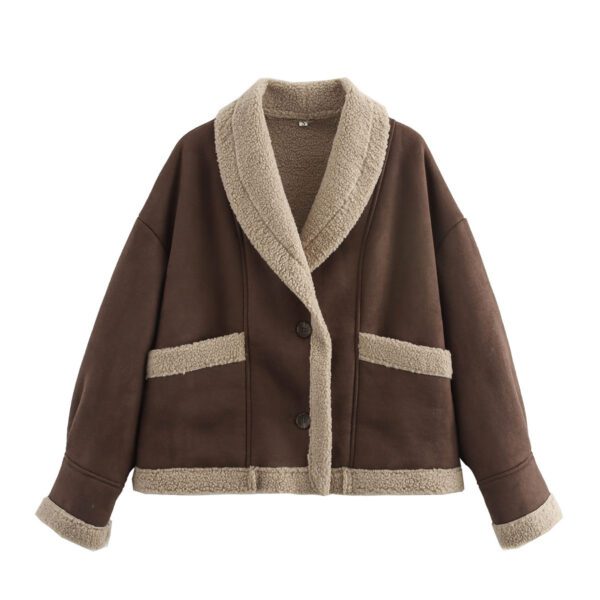 Lapel Woolen Coat With Pockets Winter Fashion Loose Suede Short Top Women's Clothing - Image 2