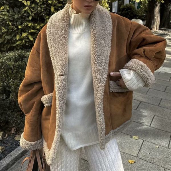 Lapel Woolen Coat With Pockets Winter Fashion Loose Suede Short Top Women's Clothing - Image 8