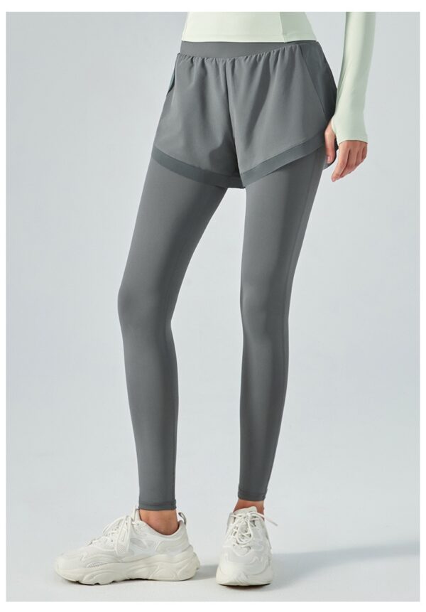 Elastic High Waist Anti-exposure Fake Two Pieces Mesh Leggings - Image 4