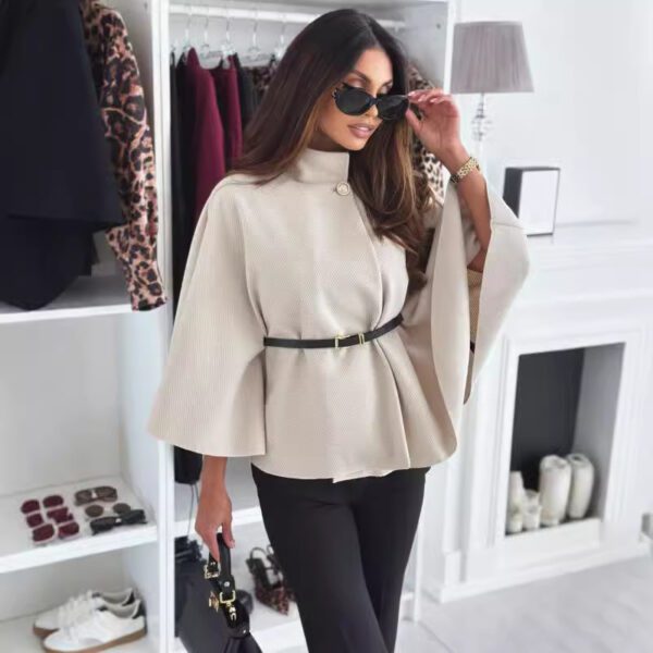 New Stand Collar Batwing Sleeves Cloak Top With Belt Ins Fashion Temperament Jacket Woolen Sweater - Image 5
