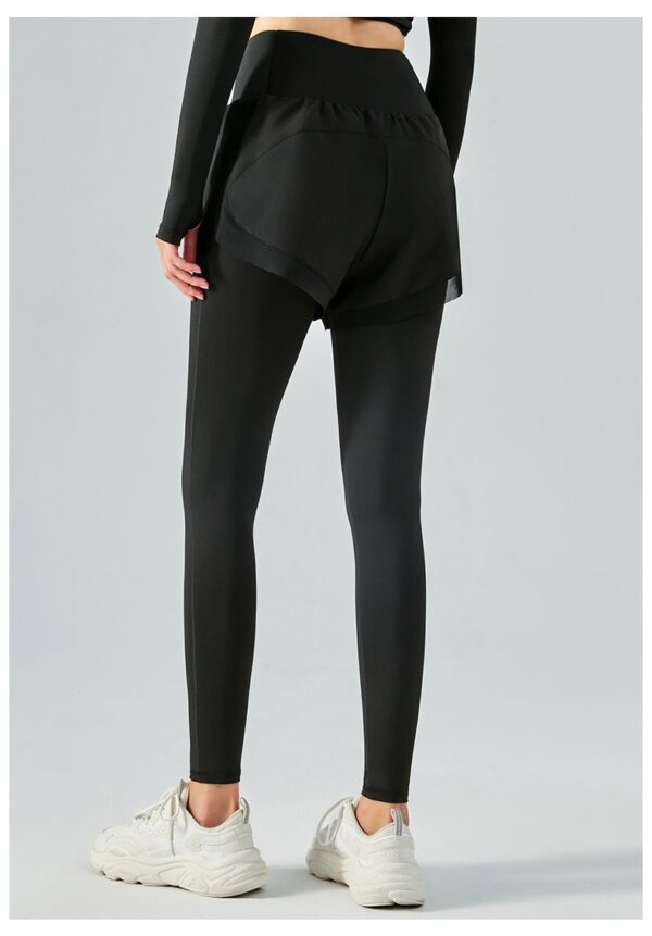 Elastic High Waist Anti-exposure Fake Two Pieces Mesh Leggings - Image 2