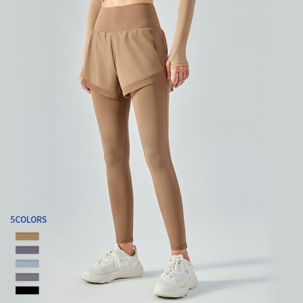 Elastic High Waist Anti-exposure Fake Two Pieces Mesh Leggings - Image 5