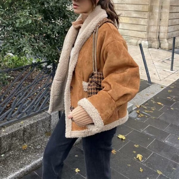 Lapel Woolen Coat With Pockets Winter Fashion Loose Suede Short Top Women's Clothing - Image 4